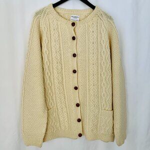 VTG CLAN COLLECTION Handknit Scotland Fisherman Aran Wool Cardigan L Cable Knit